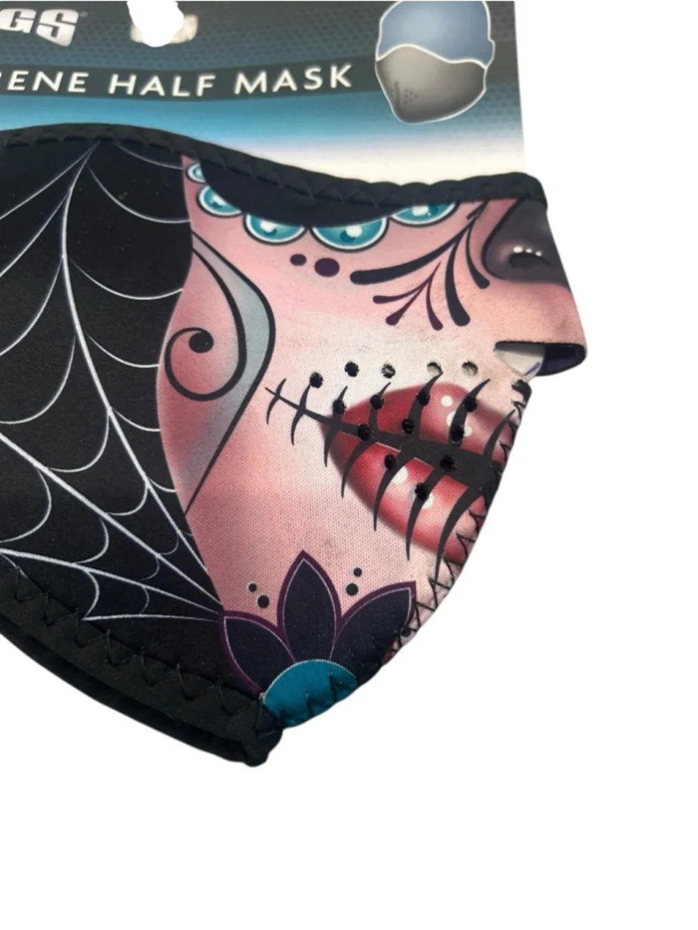 Pugs Half Mask Neoprene Black Sugar Skull Reversible Nylon Bound For Durability